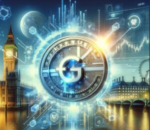 Futuristic GBP Stablecoin with UK landmarks and digital elements