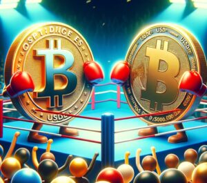 Two animated cryptocurrency coins with 'USDE' and 'USDT' inscribed, wearing boxing gloves in a ring