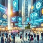 A futuristic cityscape, cryptocurrency through digital billboards, and diverse people engaging with digital devices