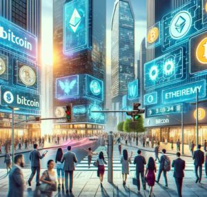 A futuristic cityscape, cryptocurrency through digital billboards, and diverse people engaging with digital devices