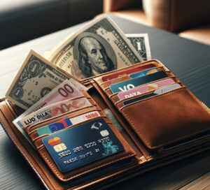 modern leather wallet with various international fiat currencies and credit cards