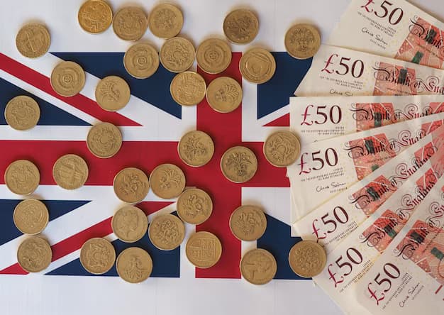 Pound coins and banknotes, on the flag of the united kingdom